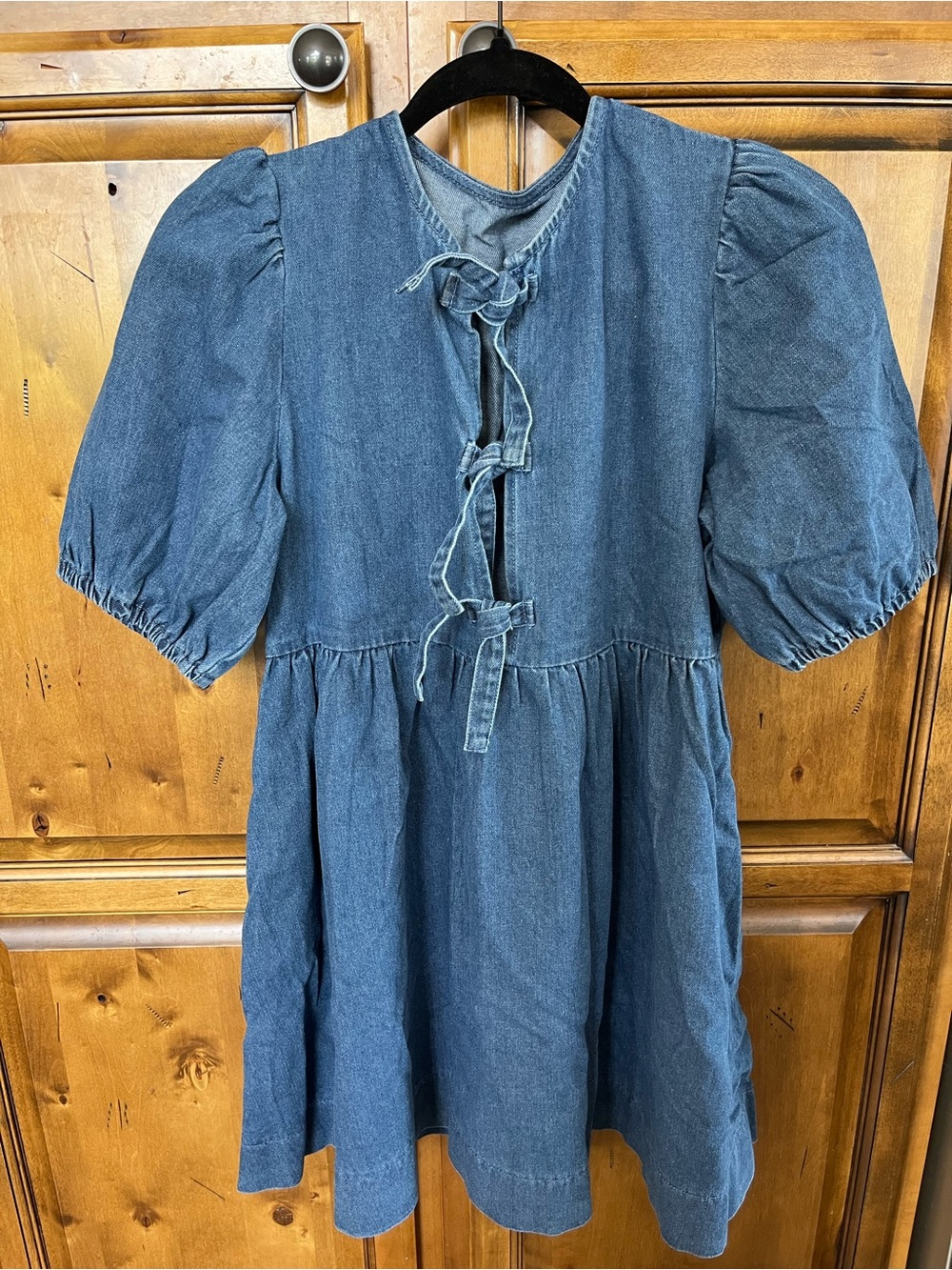 Denim Mini Dress with Puff Sleeves and Tie-Front